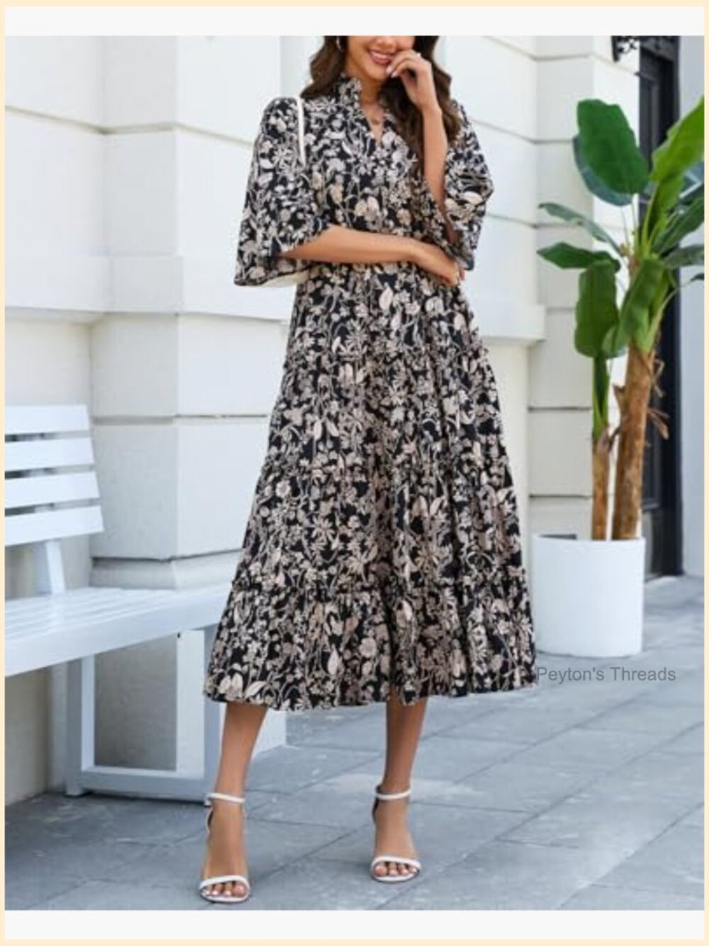Women's Floral Ruffle Midi Dress V Neck Bell Sleeve Flowy Tiered Long Dress - Picture 6 of 7